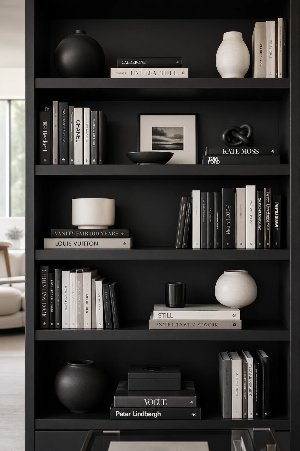 modern bookshelf styling with mixed horizontal and vertical book stacks, layered decor objects, neutral tones, asymmetrical arrangement, contemporary shelf styling idea with clean aesthetic