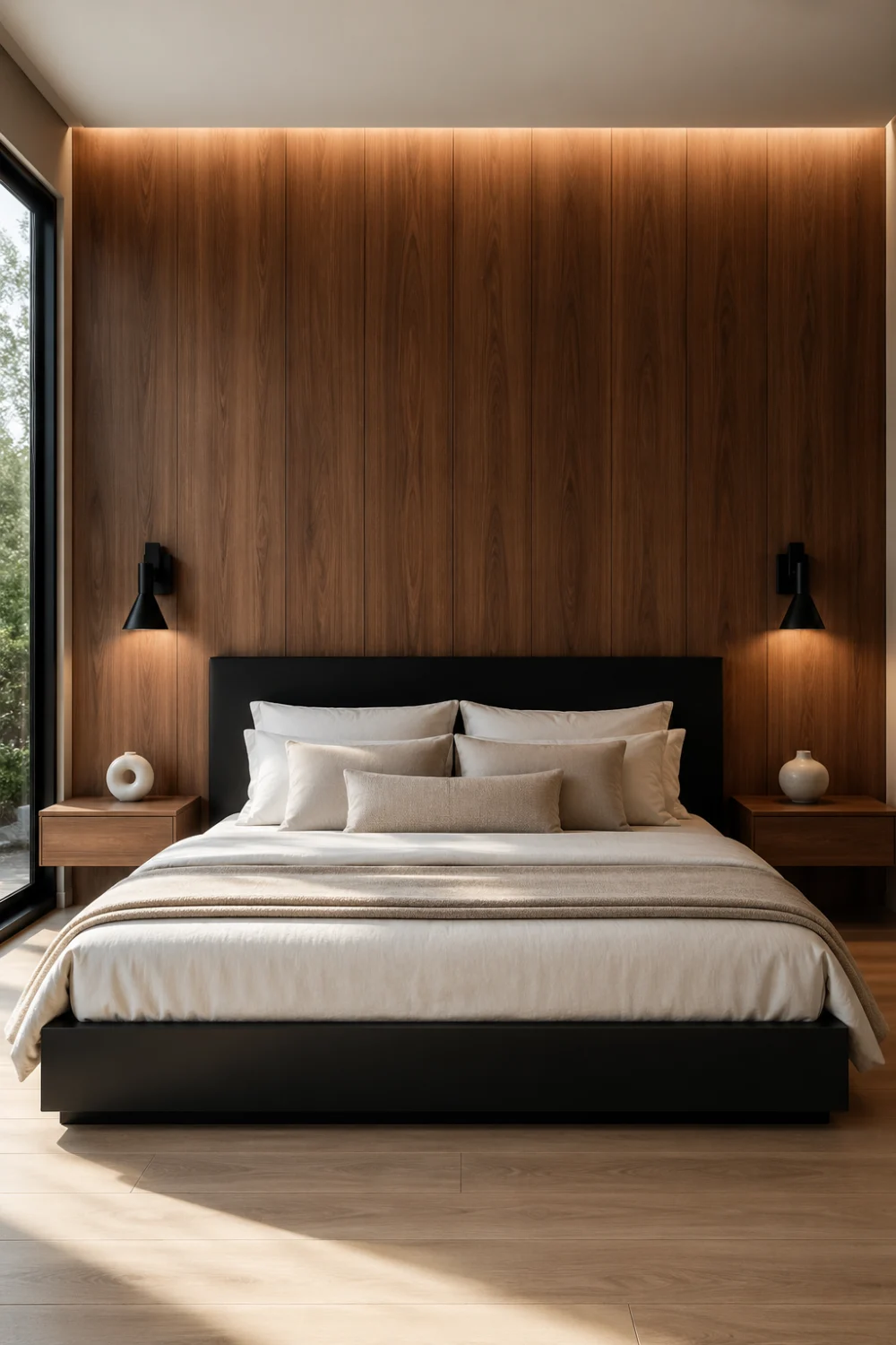 modern farmhouse bedroom with vertical wood panel wall, black platform bed, floating nightstands, warm LED lighting, black wall sconces, minimalist decor, natural light from window, clean modern interior