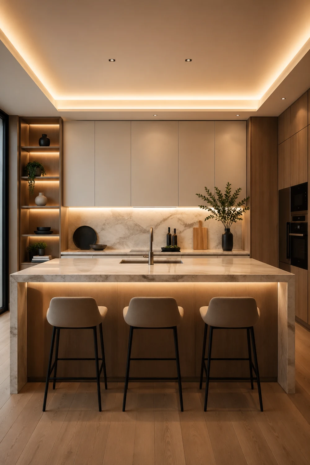 modern kitchen with ceiling cove lighting, hidden LED strip lights creating soft ambient glow across ceiling, minimalist cabinetry, marble backsplash, warm indirect lighting for a calm and elegant kitchen atmosphere