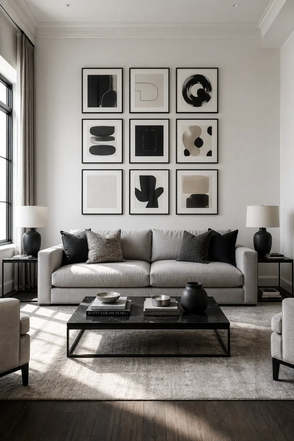 modern living room with structured gallery wall, black frame artwork grid, neutral sofa, minimalist decor, symmetrical layout, contemporary interior design