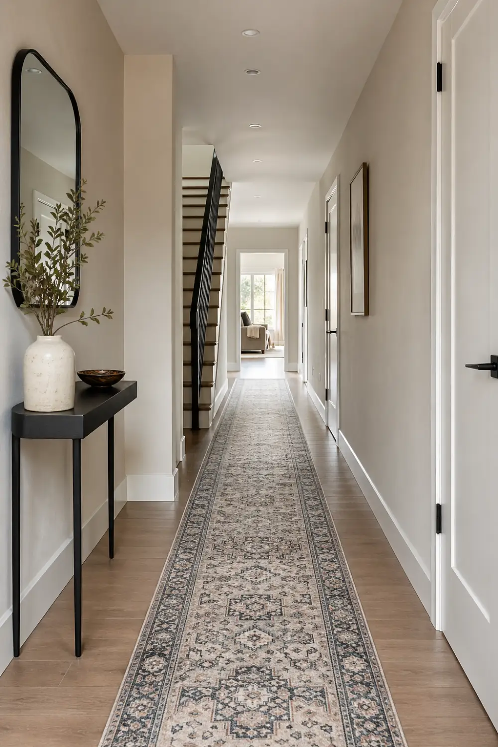 long narrow hallway with patterned runner rug, slim console table with decor and mirror, modern entryway design, small entrance hall styling with neutral tones and extended visual depth