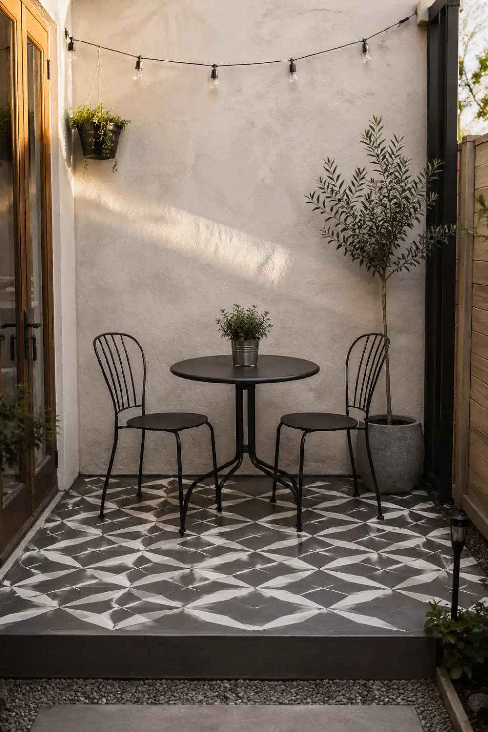 small cafe style patio with round black table and two metal chairs, string lights overhead, potted plants, compact concrete patio corner, minimal outdoor setup, cozy balcony style seating area