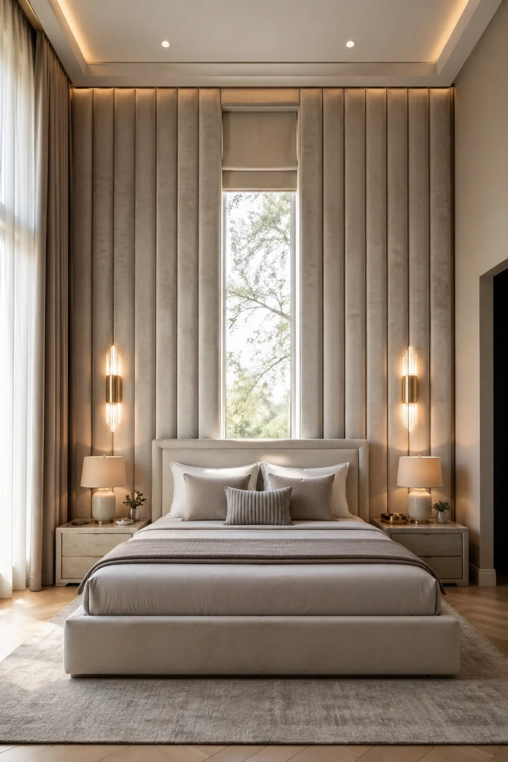 Luxury upholstered panel accent wall bedroom with vertical channels, integrated window, warm lighting, neutral tones, and modern bed setup