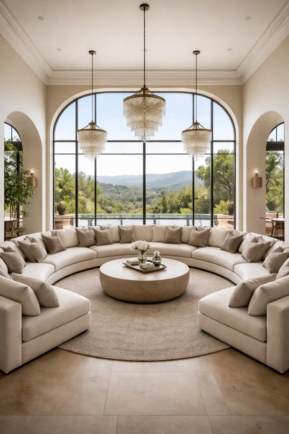 crescent shaped sectional sofa in large open living room with round table