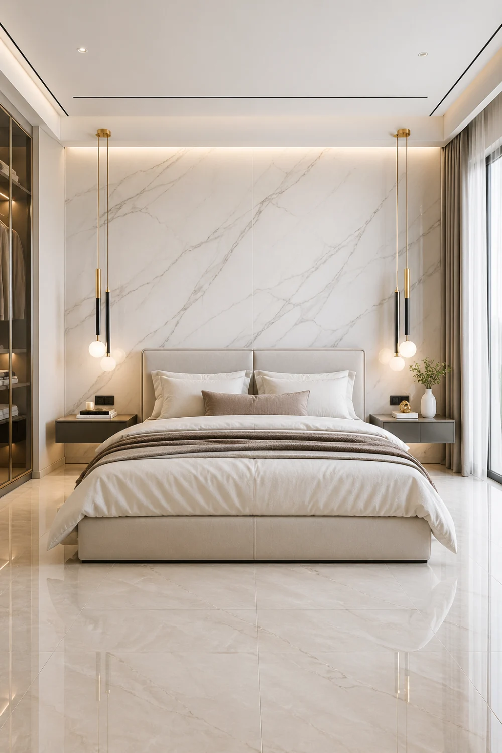 marble accent wall luxury bedroom, white marble wall with grey veins, modern upholstered bed, pendant lights on both sides, neutral bedding, glossy flooring, minimal decor, bright natural lighting, high end interior design, clean and elegant bedroom setup