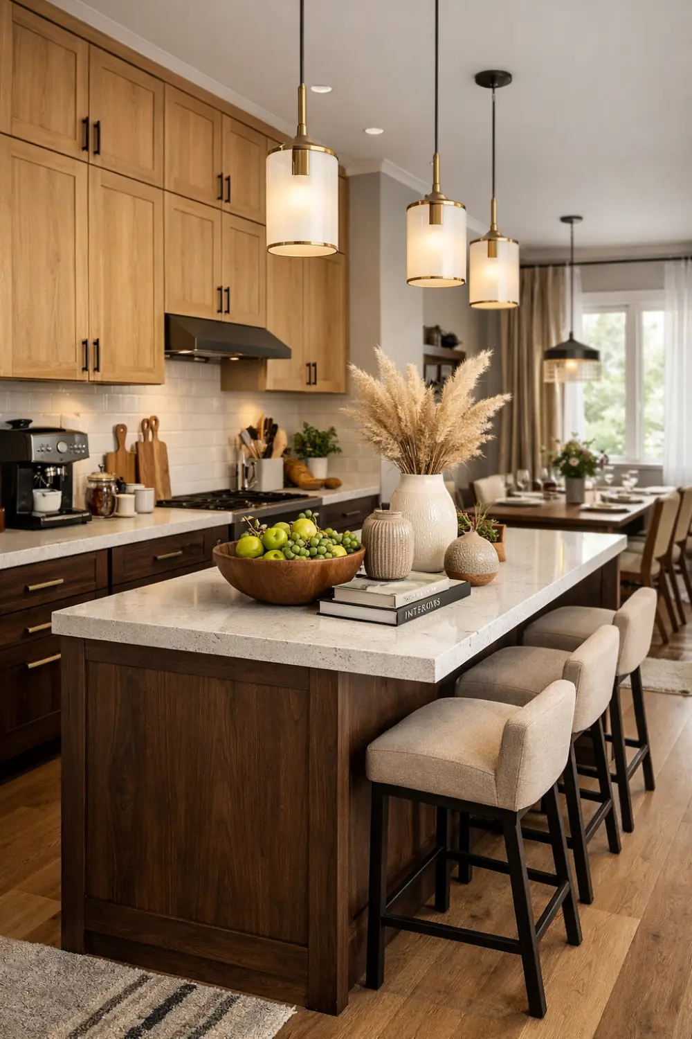 Two tone wood kitchen with dark island, light cabinets, modern kitchen design with layered textures, cozy decor and neutral tones