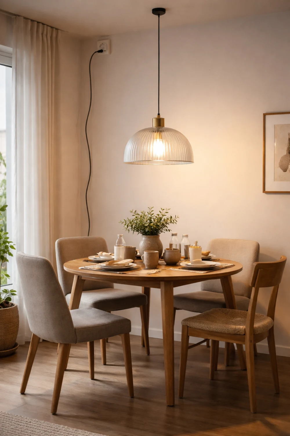 plug in pendant light dining area renter friendly lighting modern table setup cozy warm light apartment decor ideas