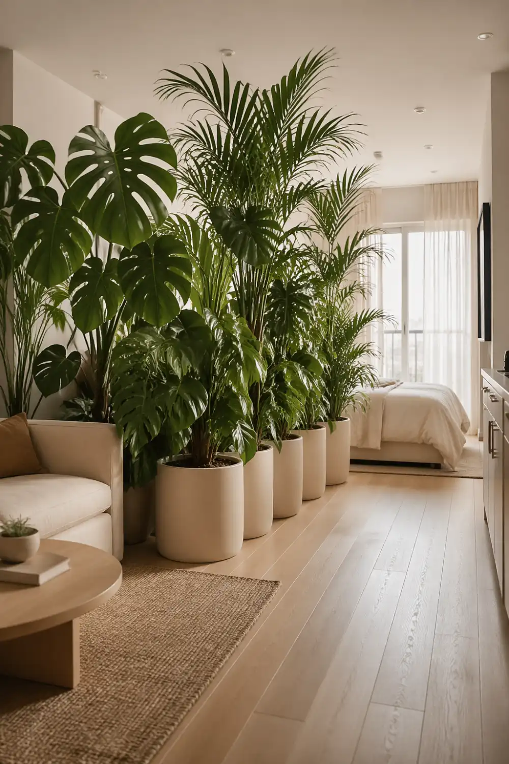 indoor plant divider wall monstera palm modern open space room partition decor