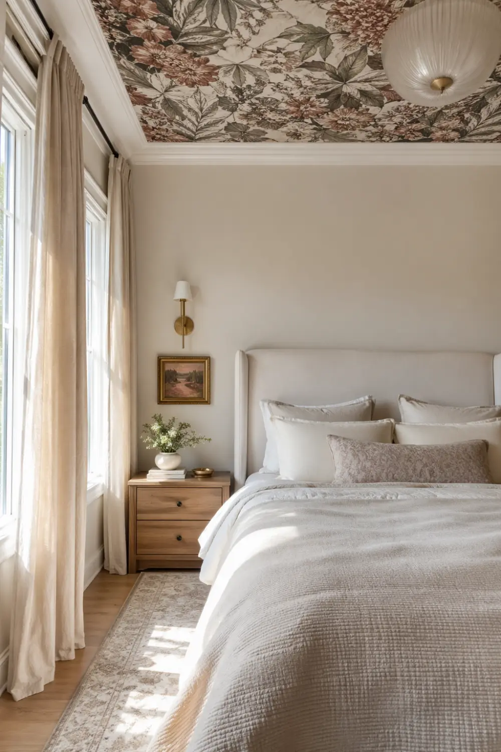 modern bedroom with floral wallpaper ceiling, neutral walls, soft bedding, natural light, feminine aesthetic, artistic ceiling design idea
