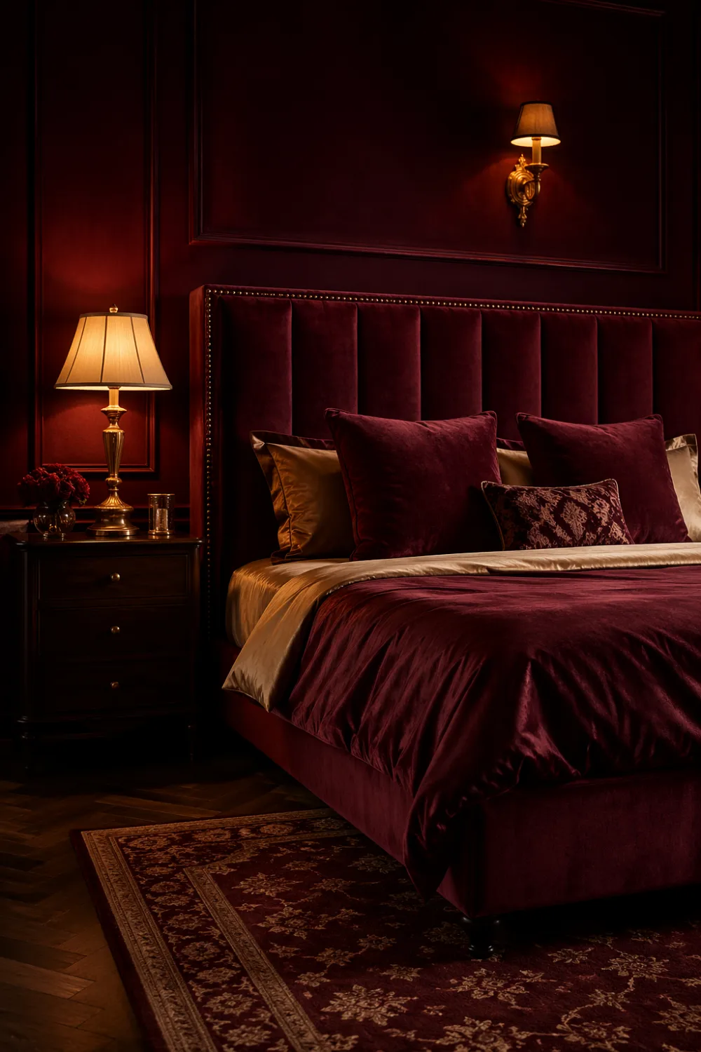 wine cherry red bedroom velvet headboard gold lighting dark cozy luxury bedding elegant classic interior design