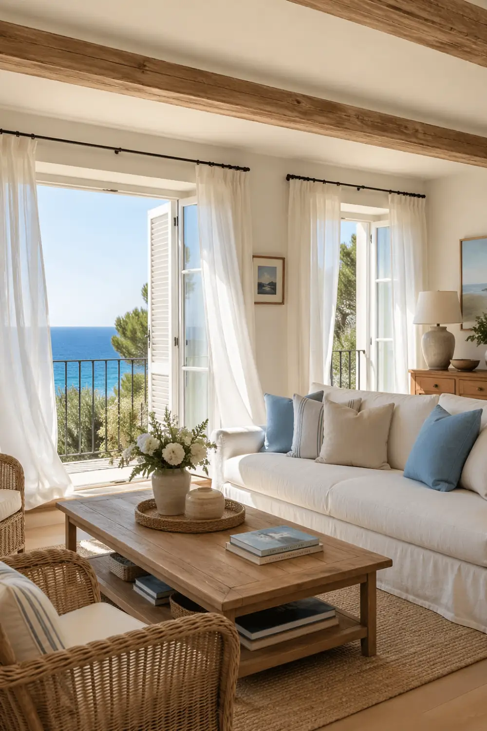 Coastal French country living room with ocean view, linen sofa, rattan chairs, soft blue accents and sheer curtains