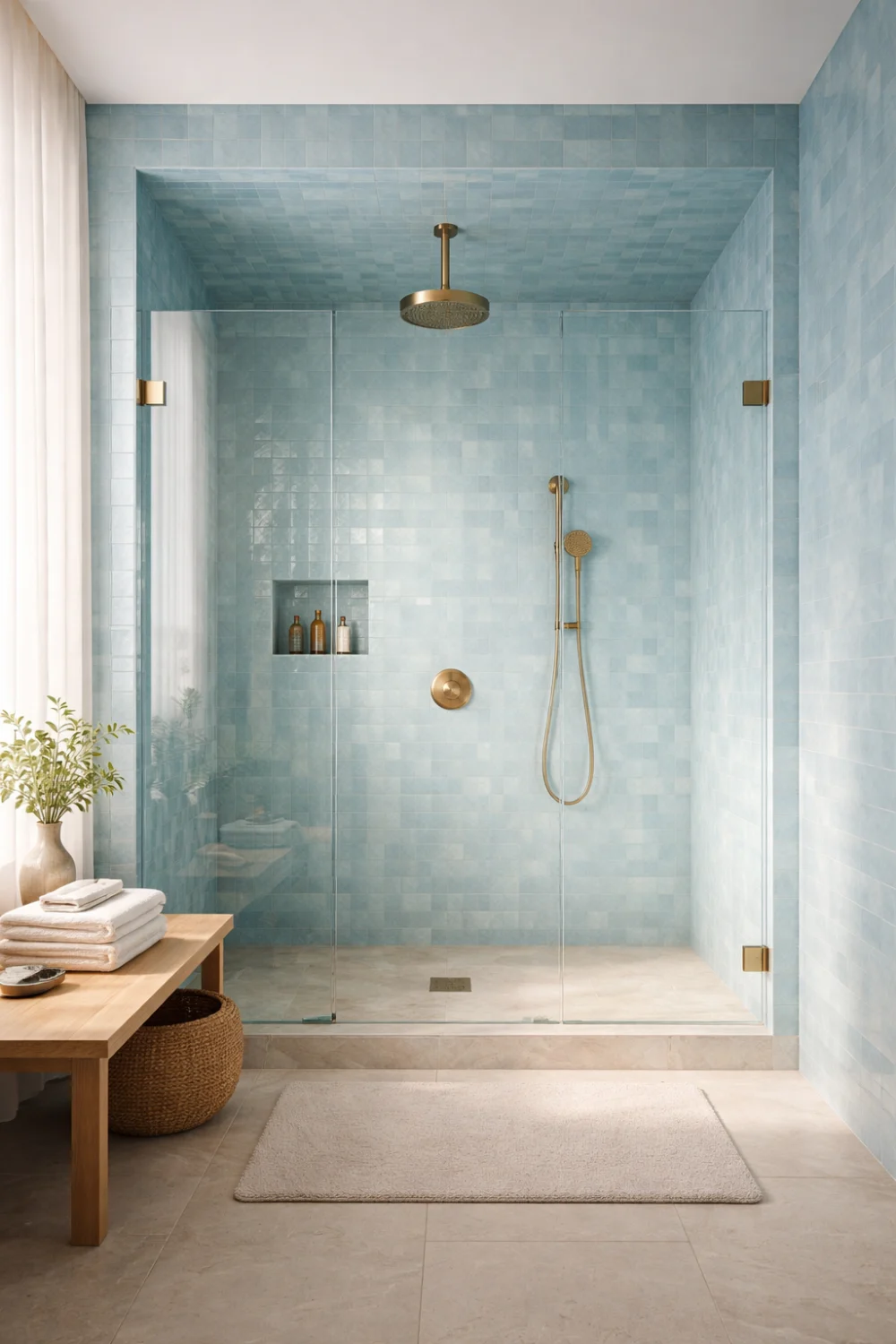 sky blue zellige walk in shower with glass panels and brass fixtures modern bathroom