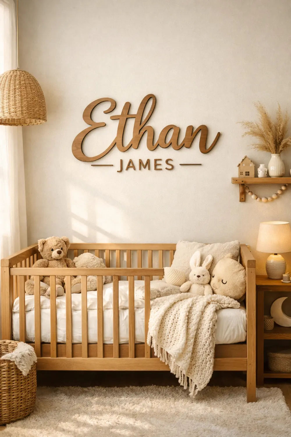 Personalized name wall nursery decor with wooden baby name sign above crib, cozy neutral bedding, plush toys, and warm lighting creating a custom baby room.