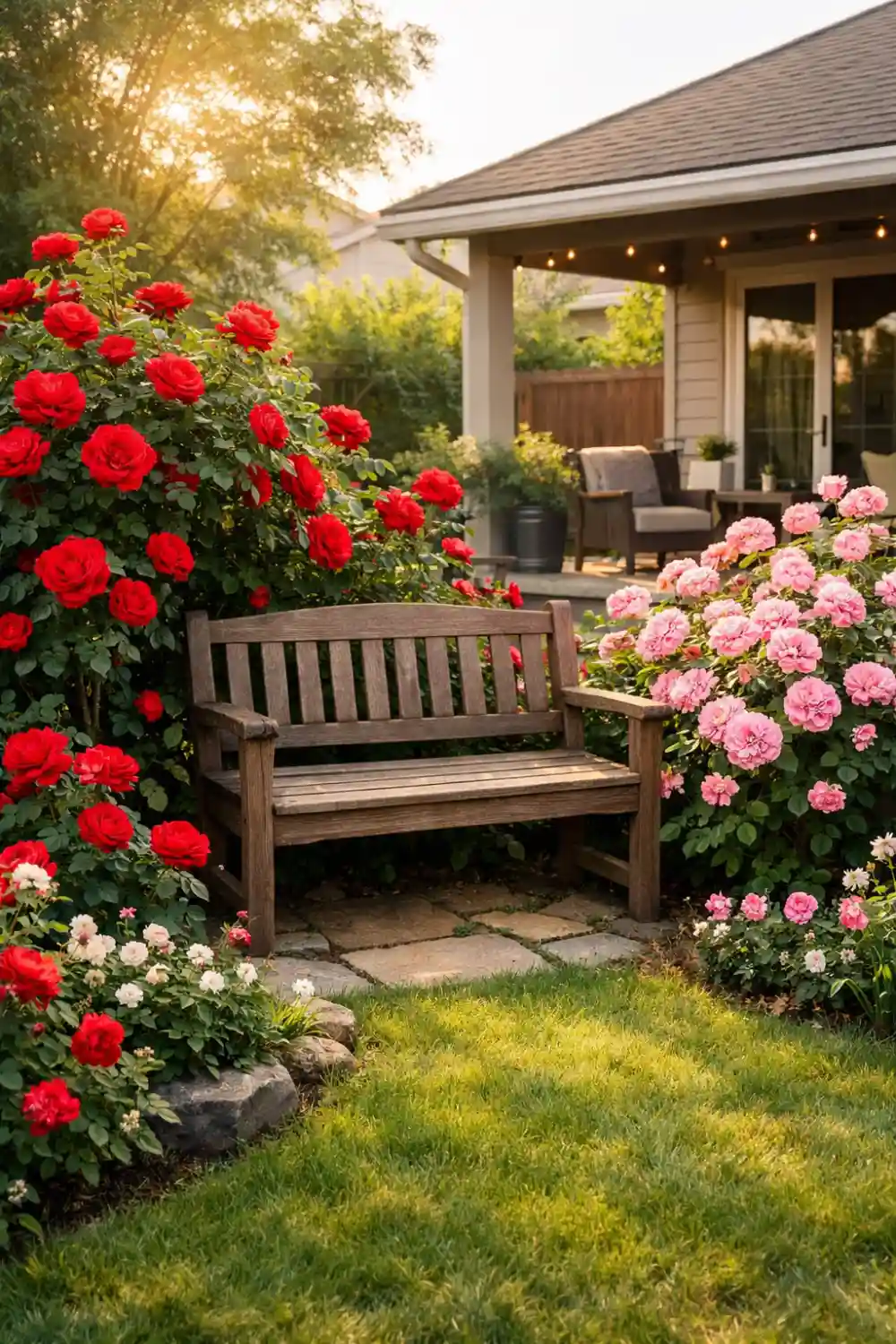 Cozy backyard garden bench surrounded by blooming red and pink roses with a relaxing patio seating area near the home.
