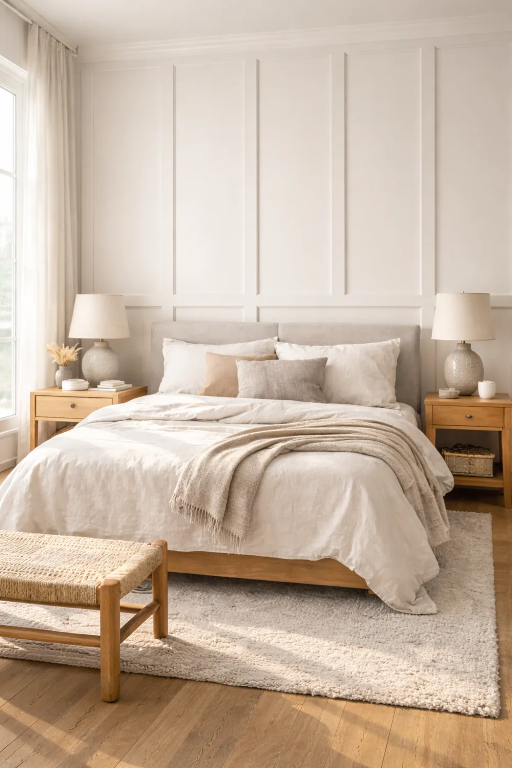 Bright neutral bedroom interior with a classic board and batten wall design behind the bed, elegant white wall paneling creating architectural texture, wooden bedside tables and soft bedding in a modern farmhouse style bedroom.