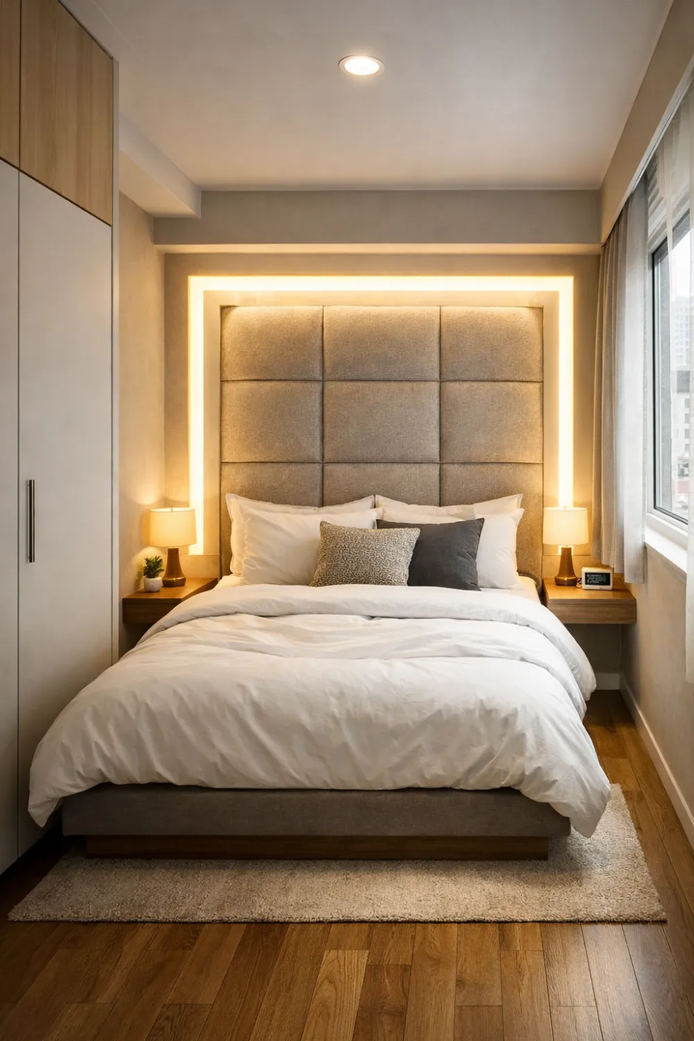 tiny bedroom with LED frame headboard and floating bedside tables modern small bedroom decor