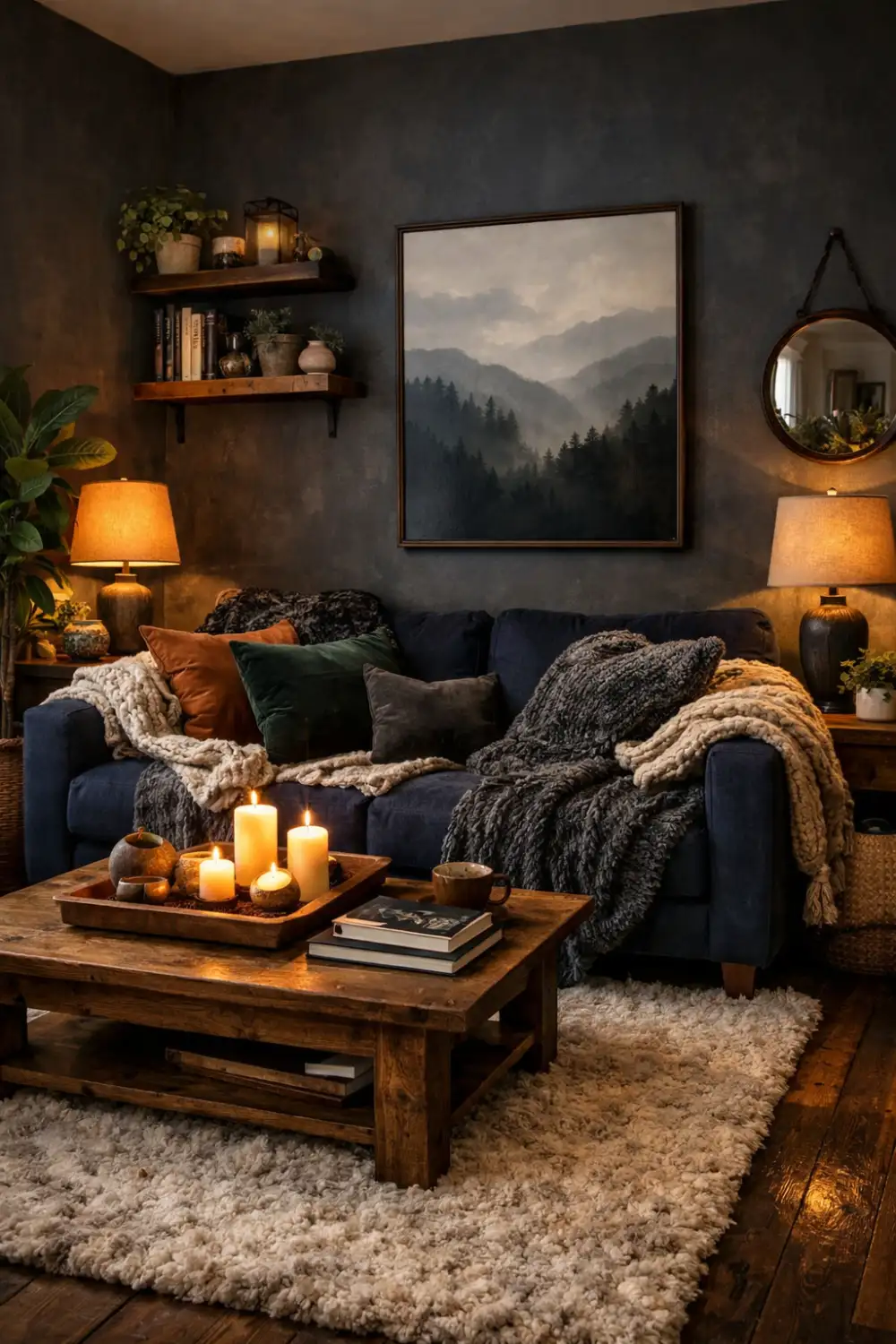 cozy dark living room with candles textured throws navy sofa warm lighting rustic wooden coffee table hygge style interior