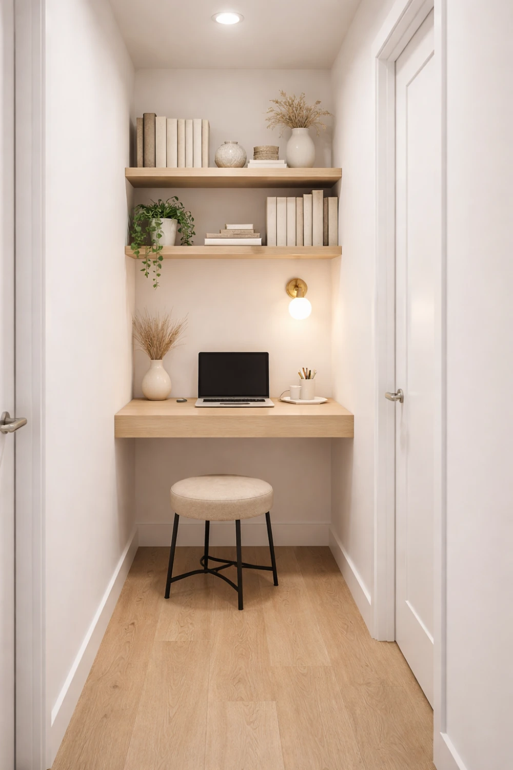 narrow hallway office nook with floating desk and shelves small home workspace idea minimalist hallway office setup