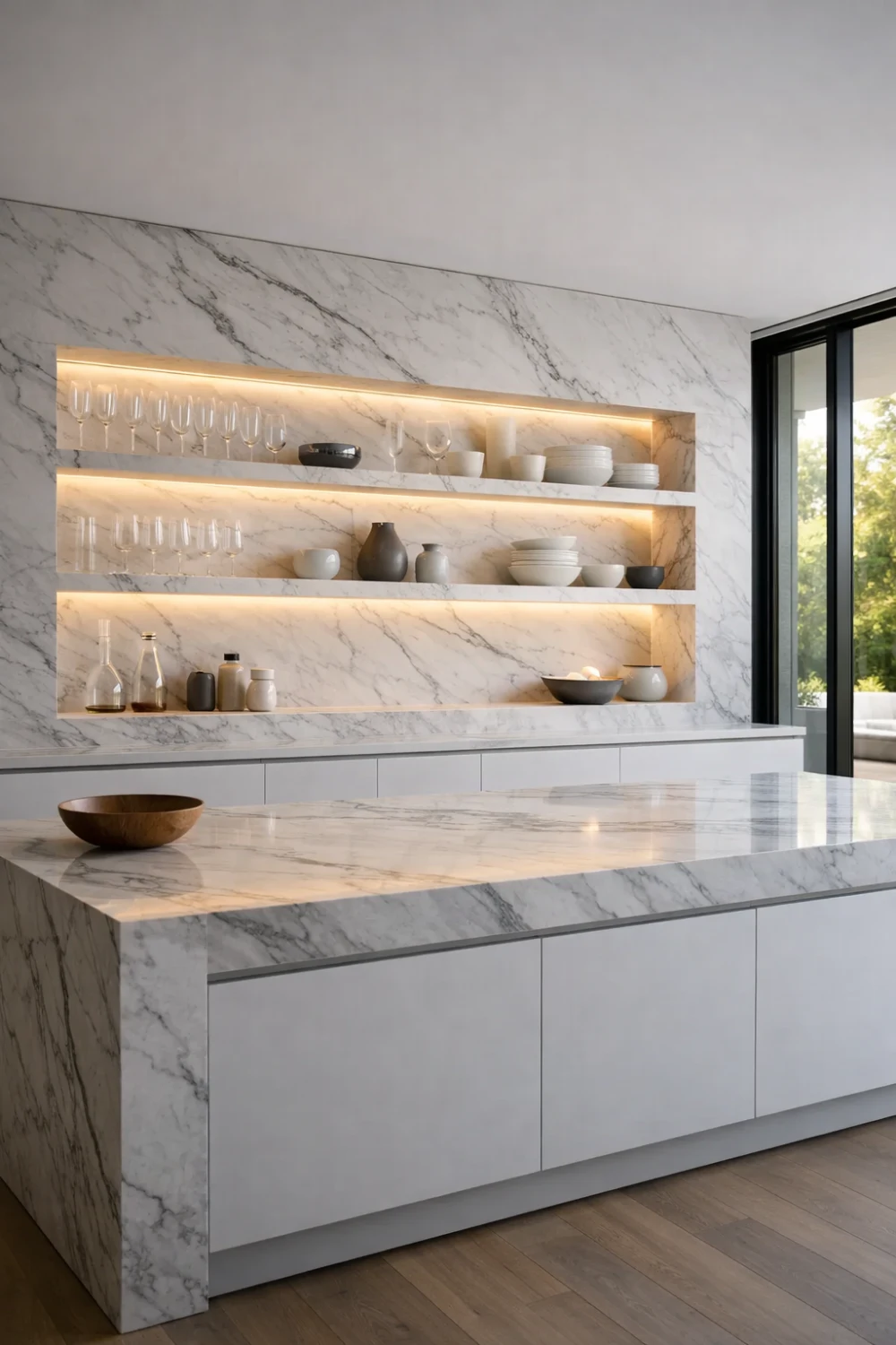 Luxury modern kitchen with built in marble wall shelving and warm lighting displaying elegant ceramics and glassware in recessed marble shelves with a seamless architectural design.