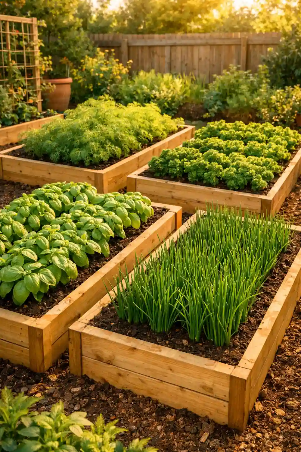 Raised bed herb garden with wooden garden boxes growing basil chives parsley and dill in sunny backyard, organized herb gardening idea for beginners