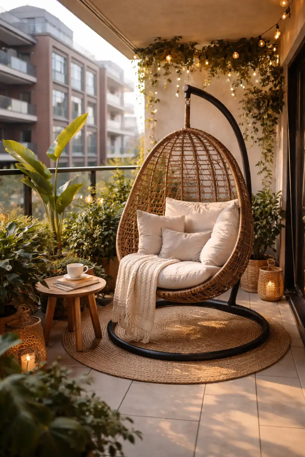 hanging egg chair balcony decor cozy apartment balcony seating idea relaxing balcony lounge design modern balcony inspiration