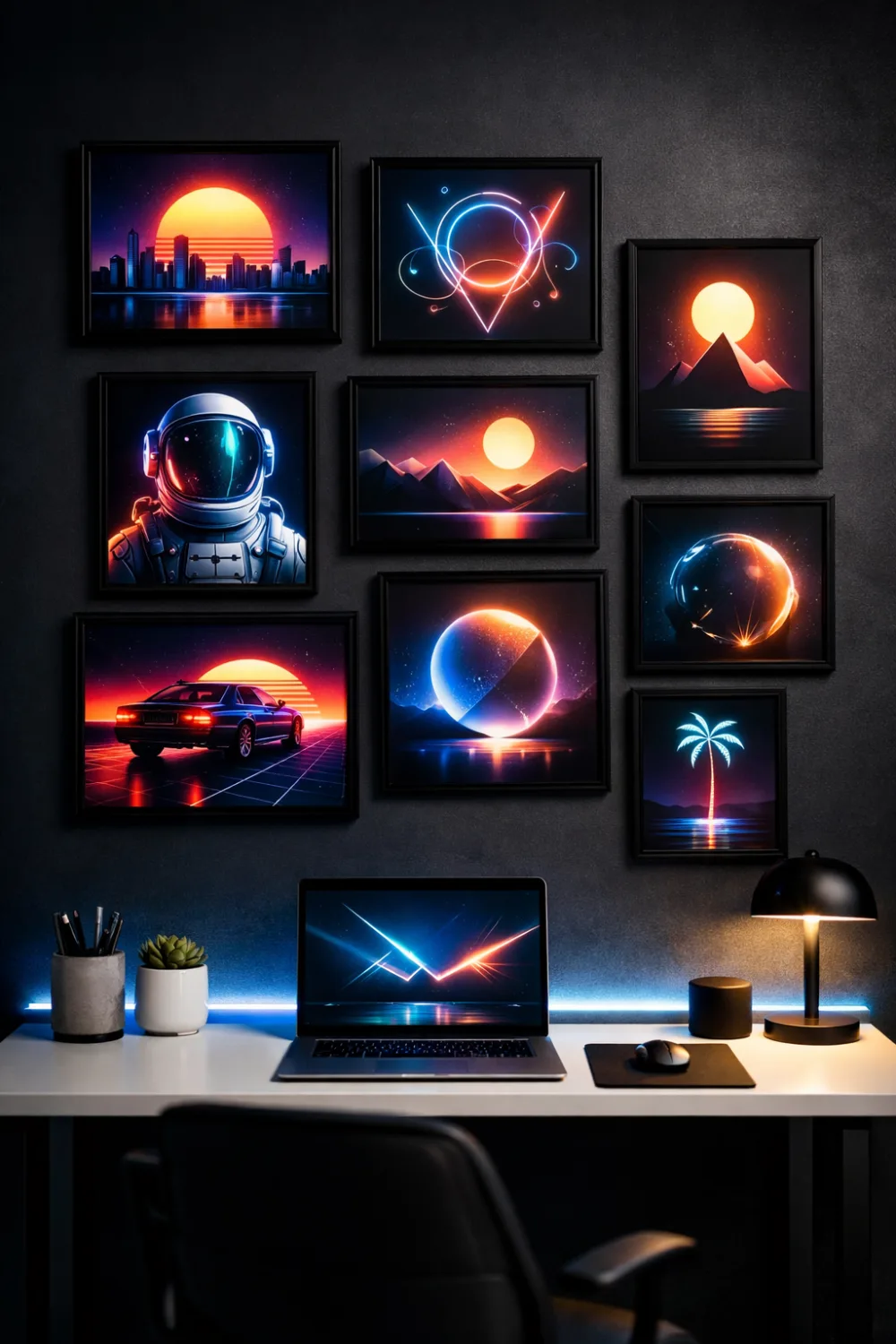 Neon futuristic gallery wall with glowing digital artwork in black frames above a modern workspace setup