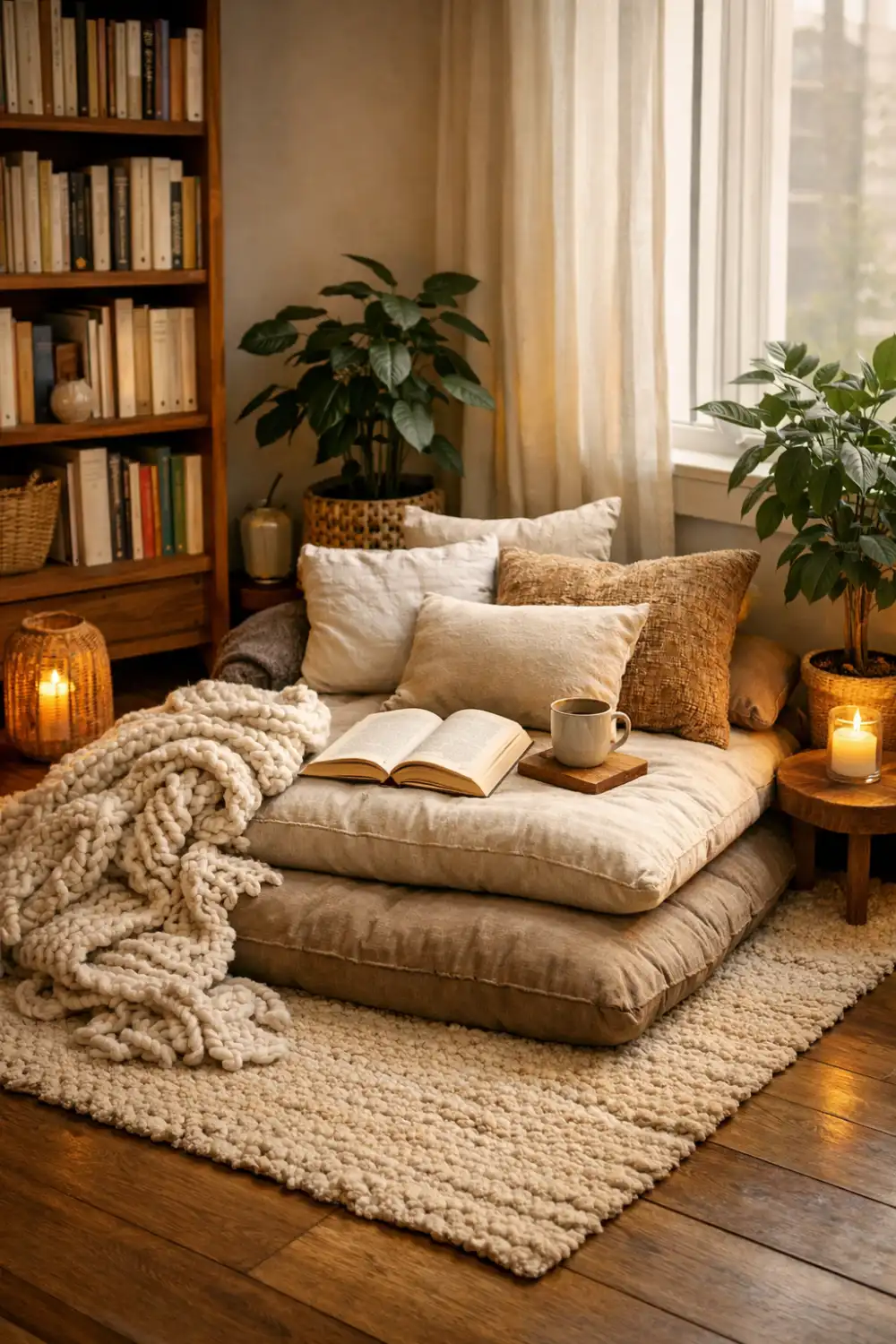 floor cushion reading nook with pillows blanket candles cozy reading corner aesthetic home decor