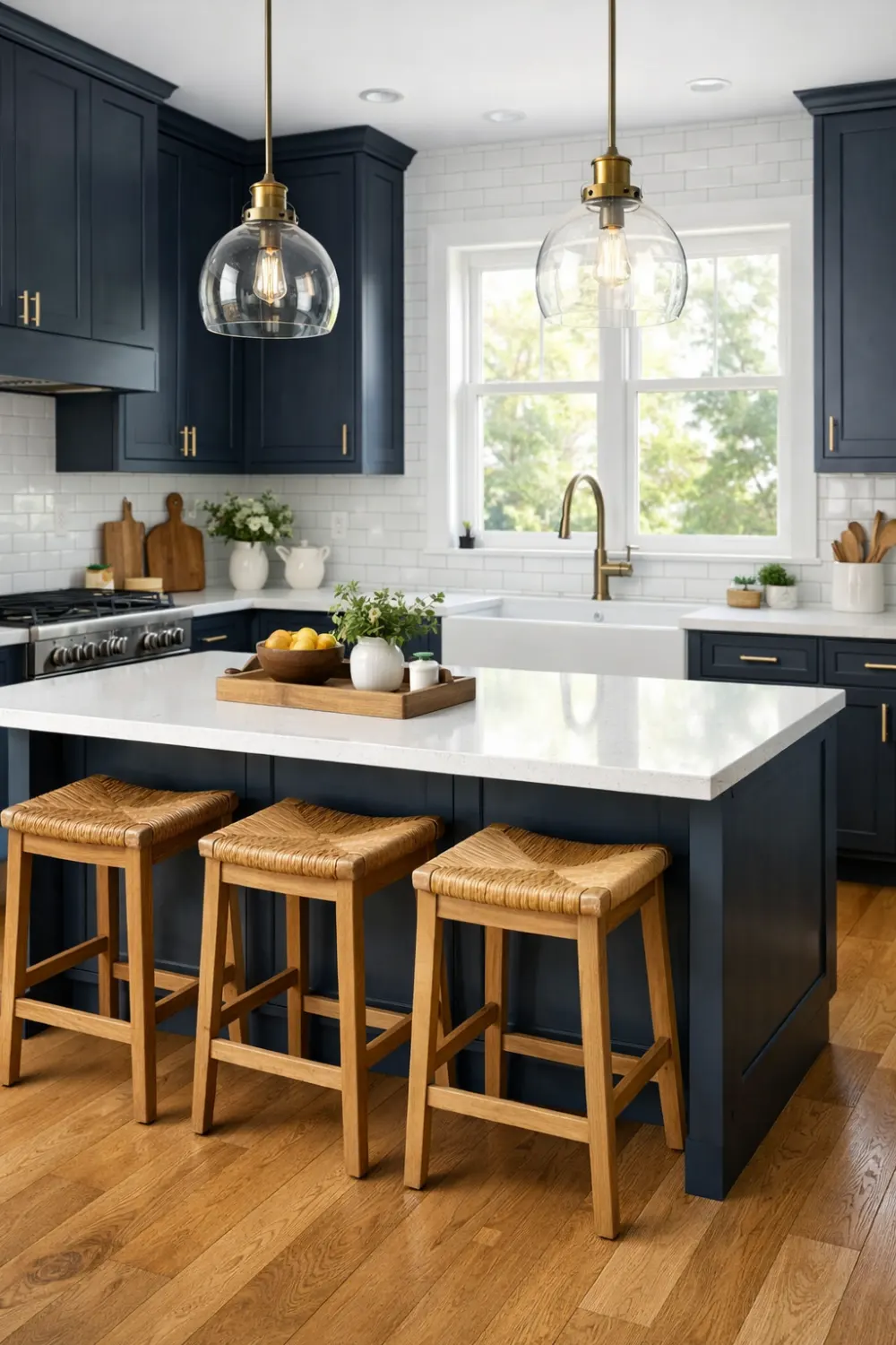 Modern navy blue cottage kitchen with marble island, brass hardware, wooden stools, and bright window lighting.