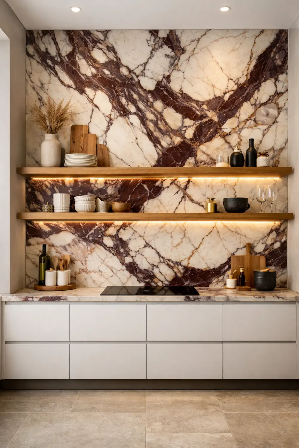 Viola marble accent wall kitchen with floating wooden shelves, warm lighting, and modern minimalist cabinetry