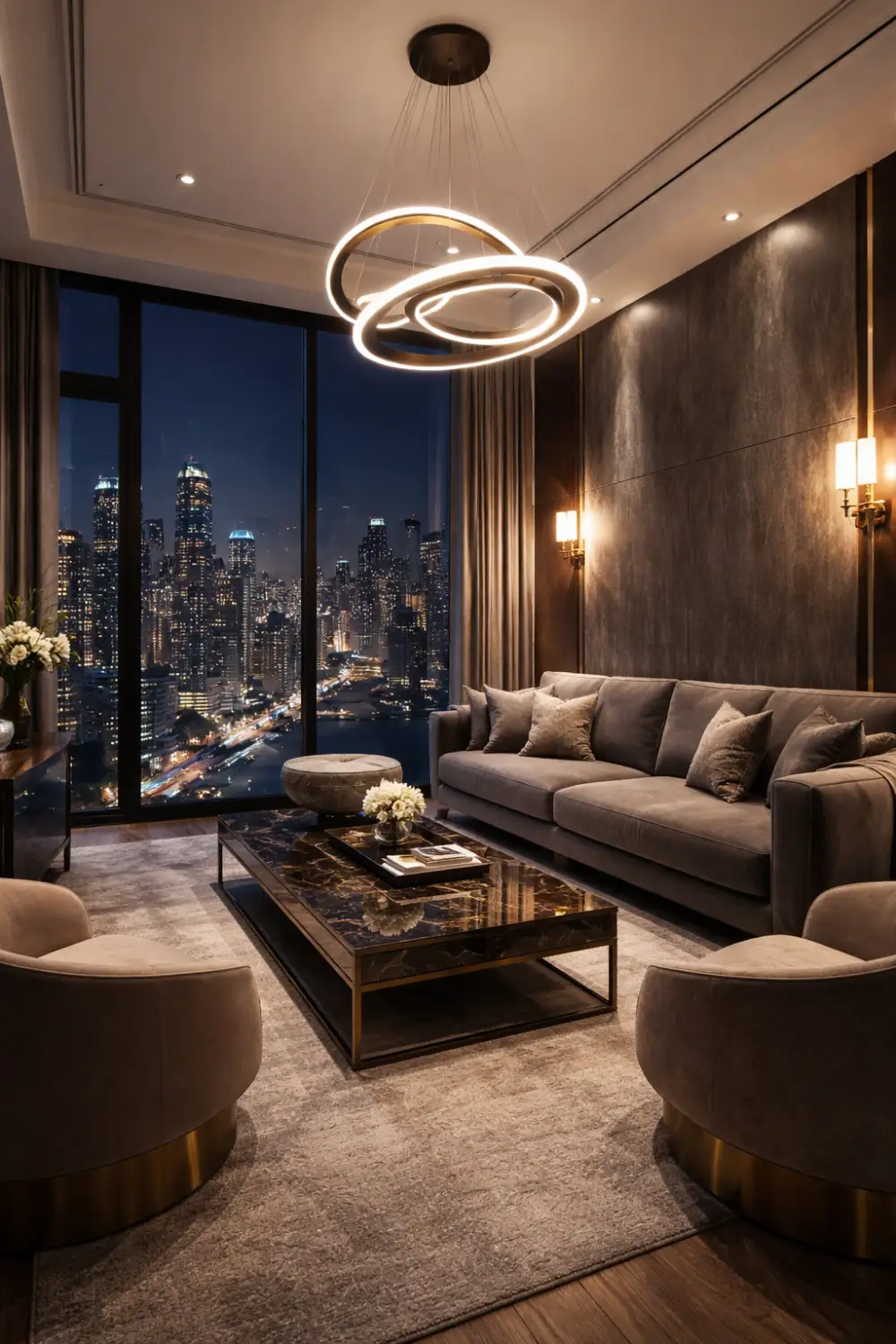 Modern small living room with city skyline view, velvet sofa, marble coffee table, and designer lighting creating a luxury high rise apartment living room.