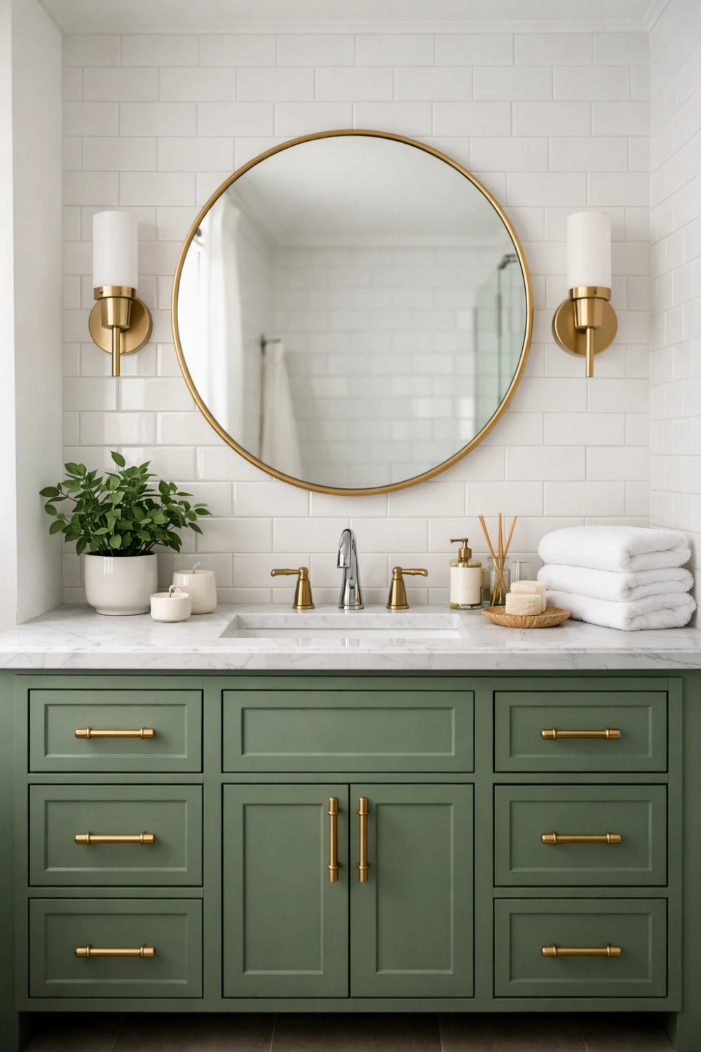 sage green bathroom vanity decor with brass handles white tiles modern spa bathroom interior design inspiration