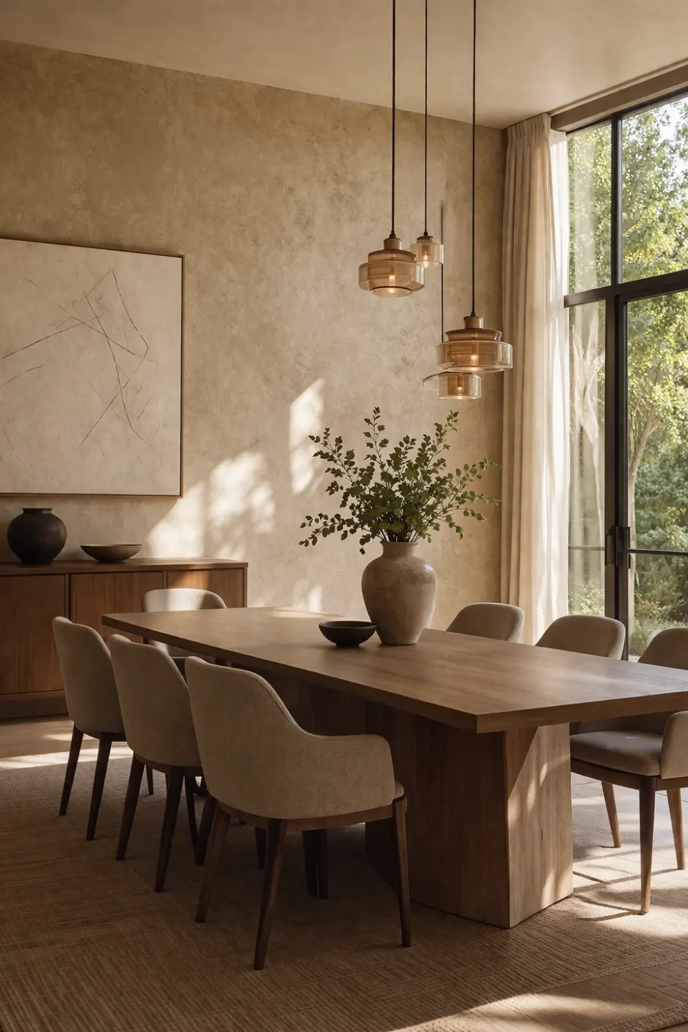 Modern dining room limewash feature wall with wooden dining table, upholstered chairs, pendant lights, and warm textured wall decor