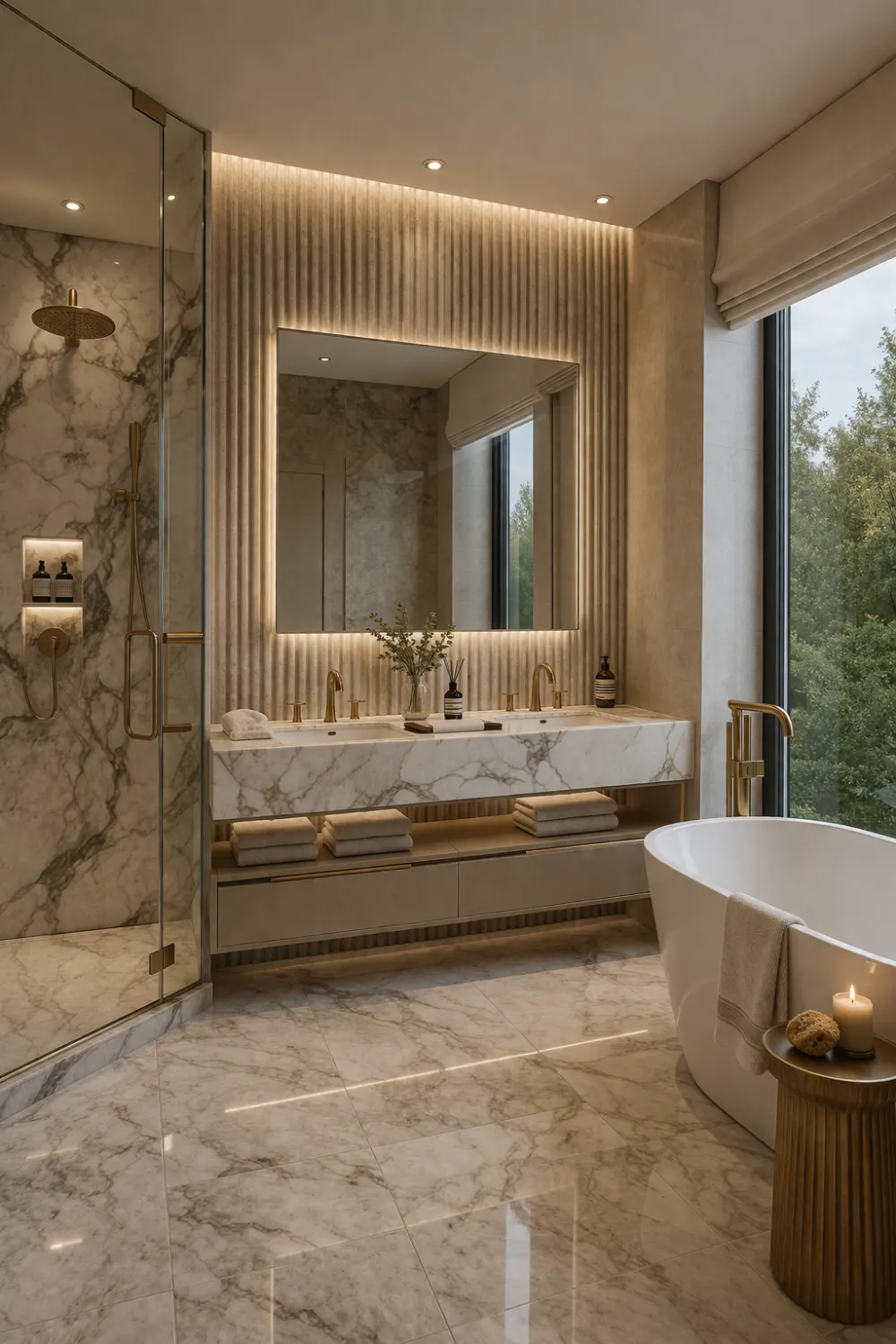 luxury bathroom fluted vanity wall with marble countertop and gold fixtures