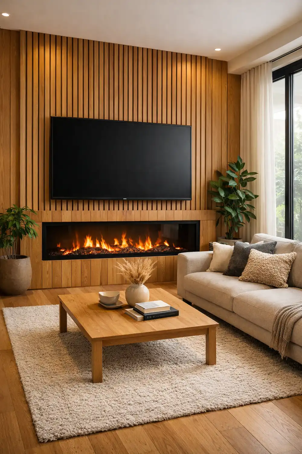 Wood slat accent wall with electric fireplace and TV above in modern living room with warm natural wood tones.