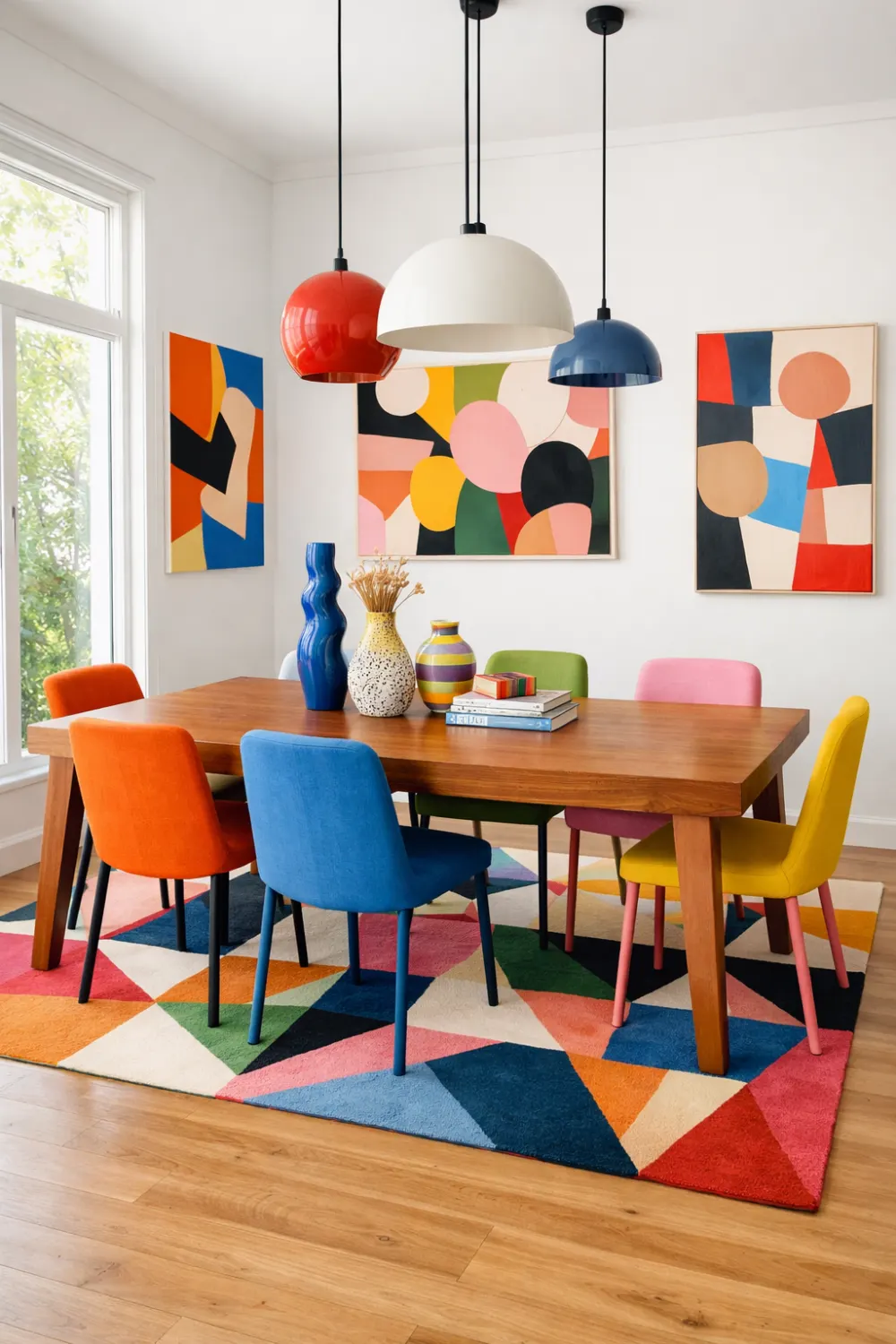 colorful eclectic maximalist dining room with vibrant chairs geometric rug abstract wall art and modern pendant lights