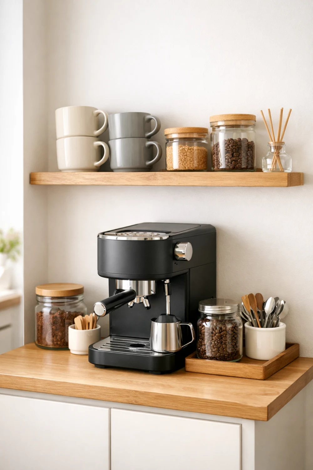 small kitchen coffee bar with wooden shelf espresso machine coffee jars minimalist coffee station setup