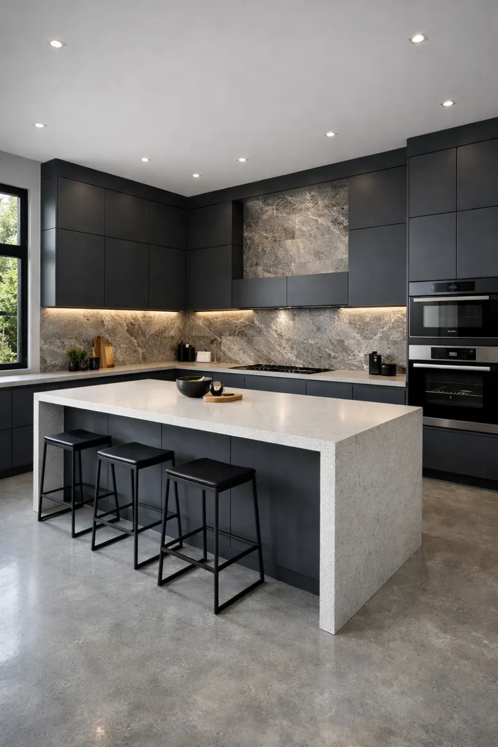 Charcoal gray modern kitchen with large white stone island, minimalist stools, sleek cabinets, and warm LED lighting design.