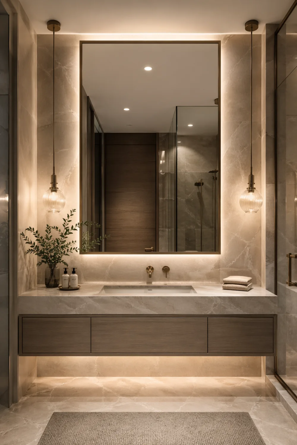 Modern bathroom with pendant lights beside mirror creating warm soft lighting and a stylish designer vanity look