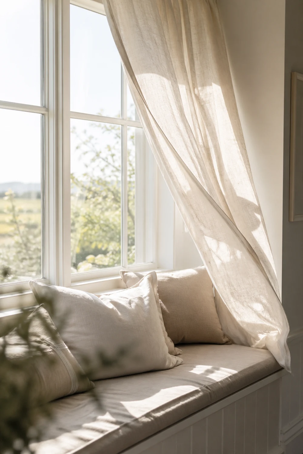 window corner seating with soft cushions sheer curtains natural sunlight airy neutral tones calm aesthetic small cozy space decor