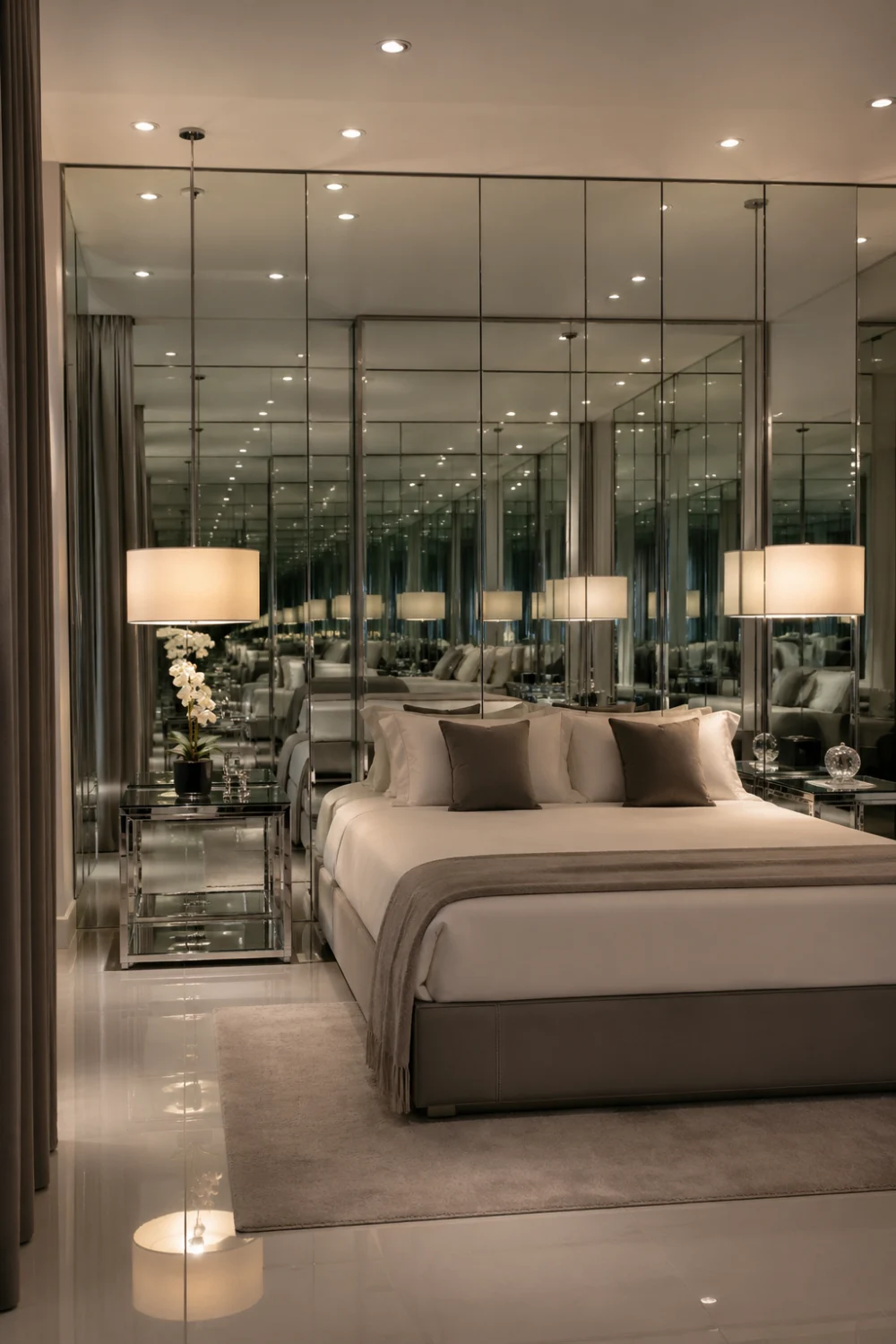 mirror wall bedroom aesthetic with glass panels, reflective surfaces, neutral tones, modern luxury bedroom decor, spacious aesthetic room design inspiration