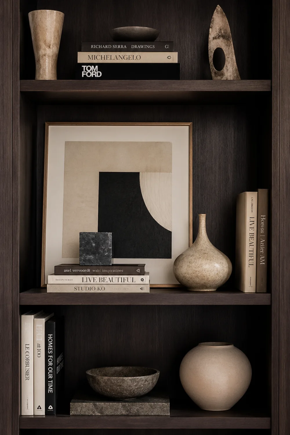 bookshelf with framed artwork layered behind books, neutral decor pieces, ceramic vases, warm tones, modern gallery style bookshelf styling idea, aesthetic shelf decor inspiration