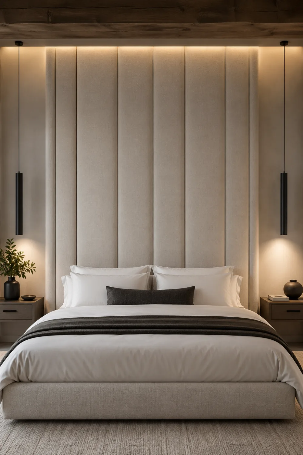 modern farmhouse bedroom with vertical upholstered panel wall, soft beige tones, pendant lights, floating nightstands, layered white bedding, warm LED backlighting, minimalist decor, luxury modern bedroom design
