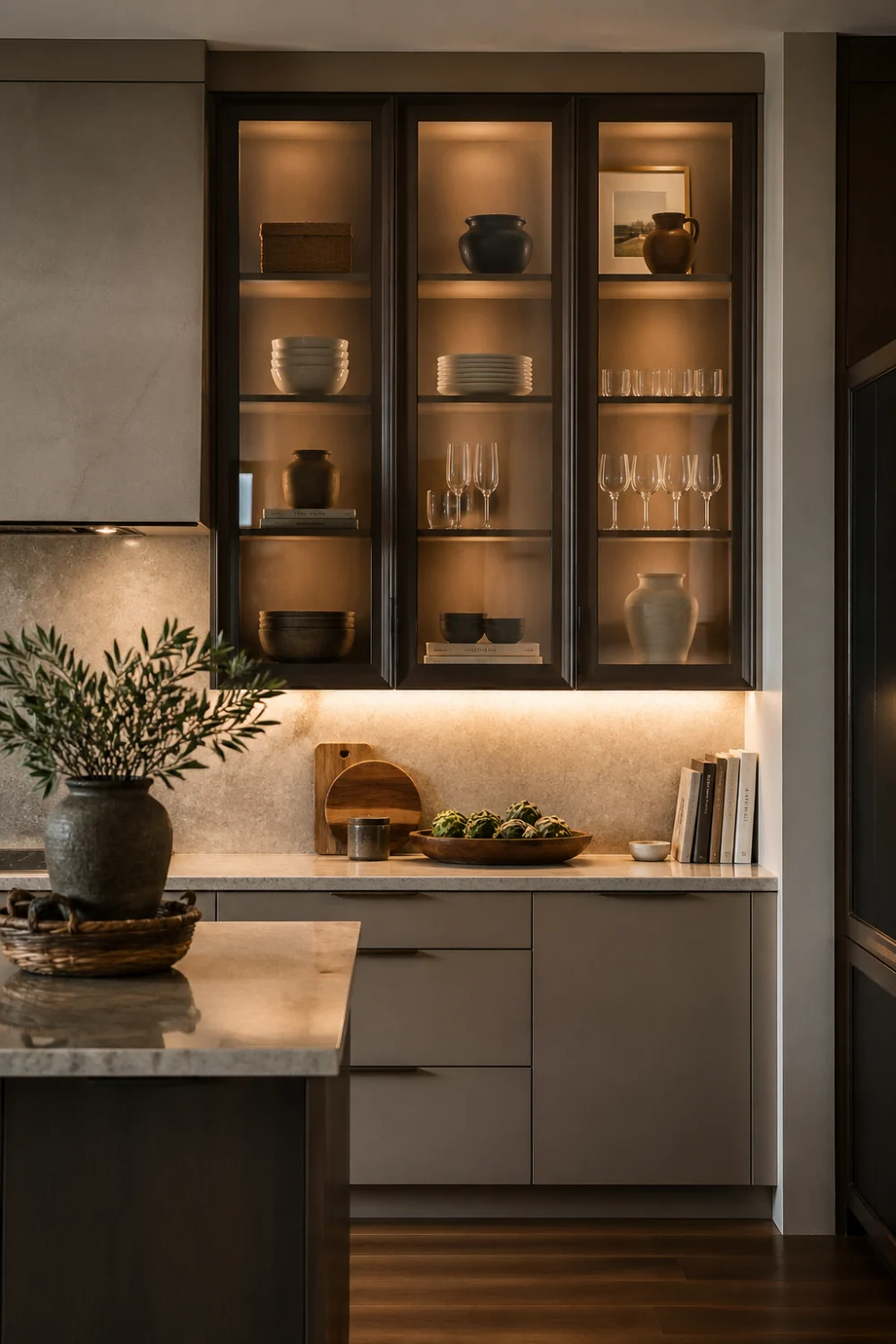kitchen with glass front cabinets illuminated by warm interior LED lighting, neatly arranged dishes and decor, marble backsplash, soft glowing shelves creating cozy and elegant kitchen display