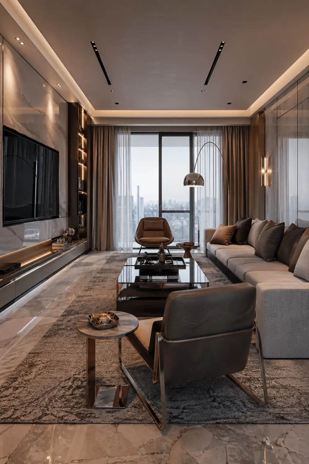 luxury living room with marble walls, glass coffee table, metal accents, warm lighting, modern sofa, high-end interior design, contemporary eclectic style