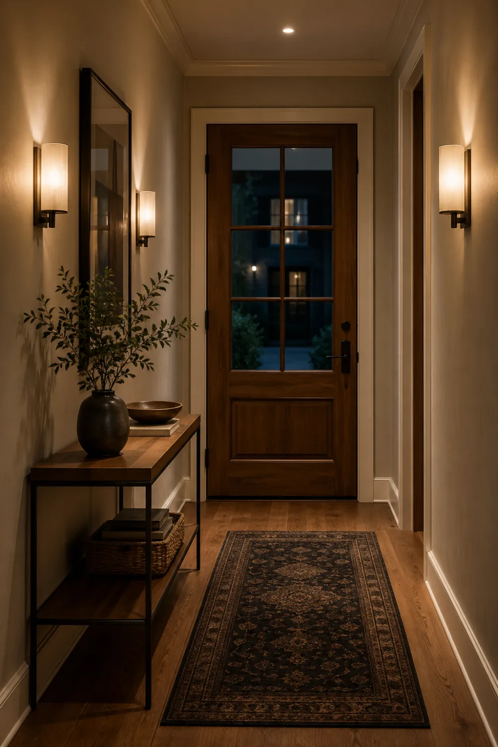 small entrance hall with warm wall sconces lighting, wooden console table with decor, cozy narrow hallway design, soft ambient lighting creating inviting and modern entryway atmosphere