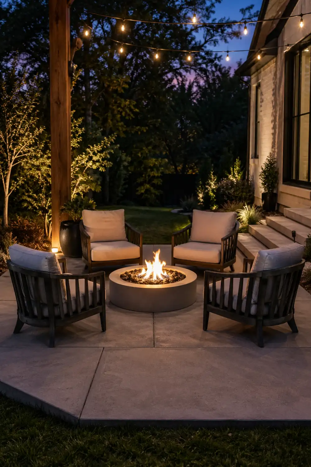 modern patio with fire pit in center, four cushioned chairs arranged around, string lights overhead, evening outdoor setting, cozy seating area on concrete slab, warm lighting and backyard ambiance
