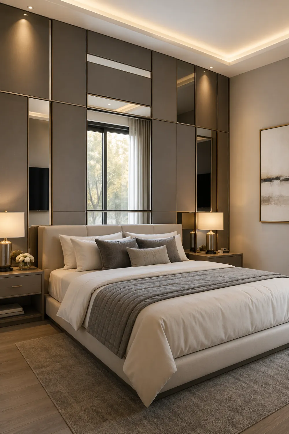 Modern mirror panel accent wall bedroom with window integration, reflective surfaces, neutral decor, warm lighting, and stylish layout