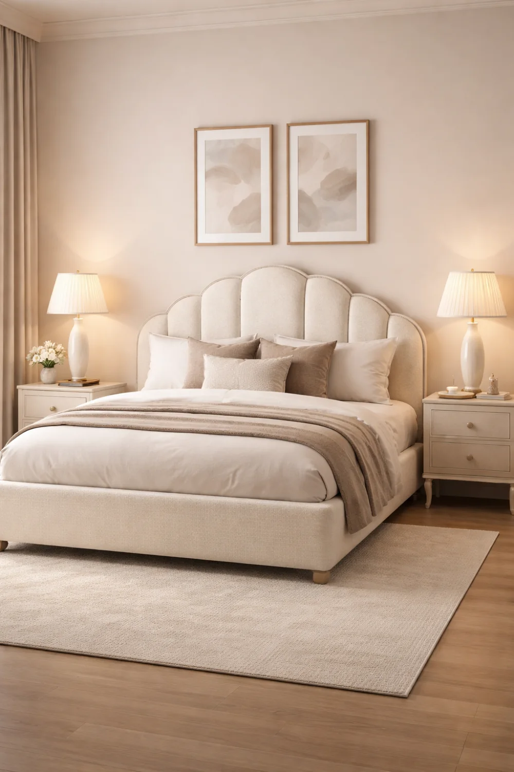 curved upholstered bed with soft neutral bedding and cozy bedroom decor