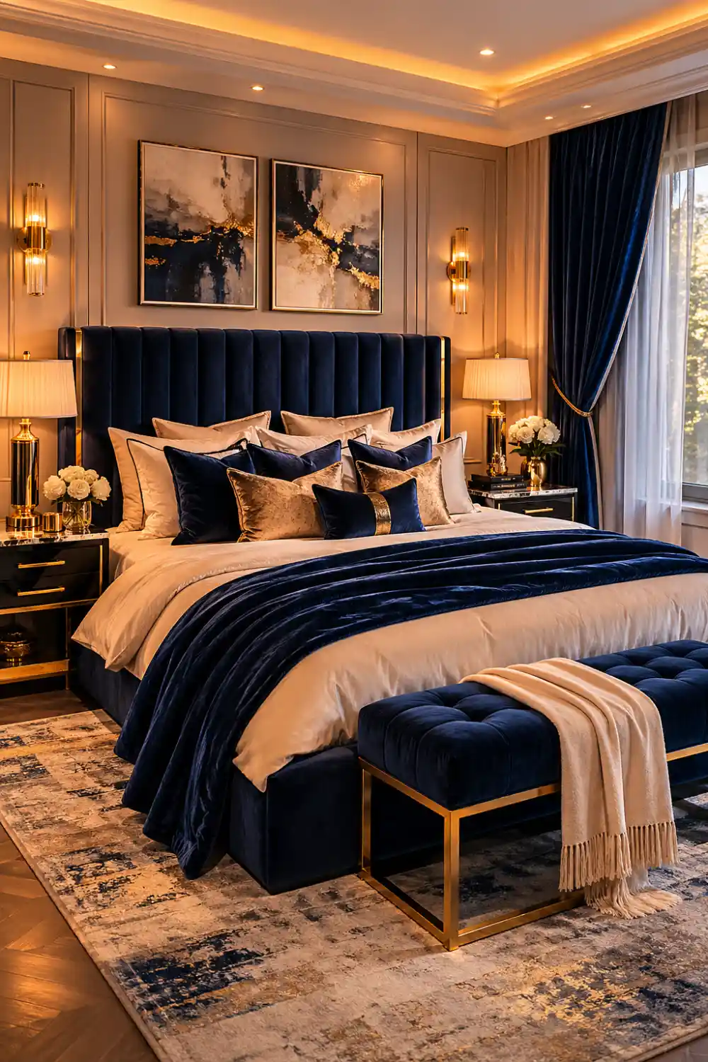 navy blue velvet luxury bedroom, plush velvet headboard and cushions, layered bedding with gold accents, warm lighting from lamps, elegant wall art, cozy textured rug, symmetrical layout, rich and modern bedroom design, premium hotel inspired interior