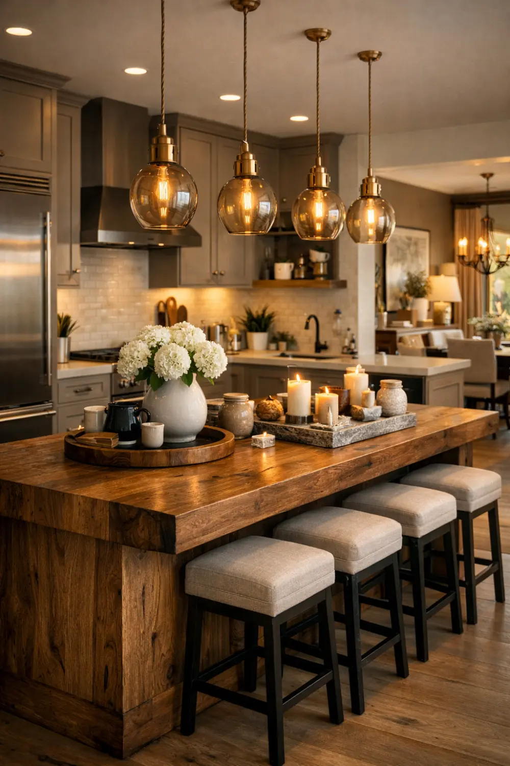 Rustic wood kitchen island with candles, warm lighting, cozy kitchen decor, modern rustic kitchen design with natural textures